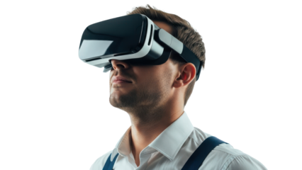 Man wearing VR headset, isolated on transparent background
