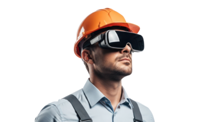 Construction worker in VR headset isolated on transparent background