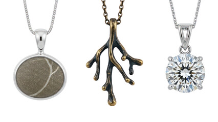 Three elegant necklaces with pendants isolated on transparent background