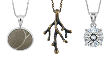 Three elegant necklaces with pendants isolated on transparent background