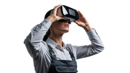 Woman wearing VR headset, isolated on transparent background