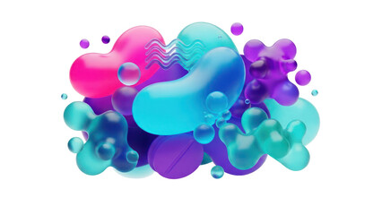 Colorful fluid blobs and spheres, isolated on transparent background