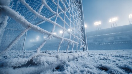 Snow covers the soccer field and goalposts during a winter match in a stadium at night