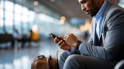 Faceless business people waiting airport gate checking smartphones relaxing passenger digital activity terminal technology usage travel downtime moment defocused lounge