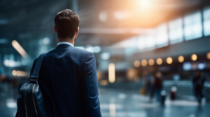 Fototapeta premium Faceless business traveler at airport waiting lounge environment executive journey setting professional aviation experience corporate travel downtime defocused terminal