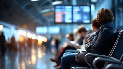 Faceless passengers waiting in airport lounge checking tickets departures board flight information monitoring travel schedule verification passenger preparation activity