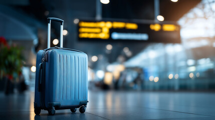 Blue suitcase in modern airport terminal signboards in background display luggage travel visualization passenger baggage scene aviation facility equipment defocused terminal