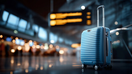 Blue suitcase in modern airport terminal signboards in background display luggage travel visualization passenger baggage scene aviation facility equipment defocused terminal
