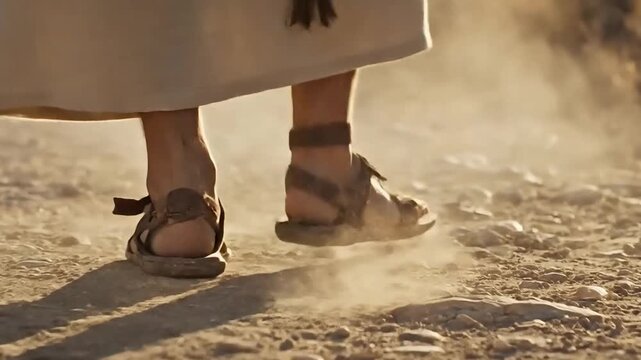 jesus walking in sandals on dusty desert path close up