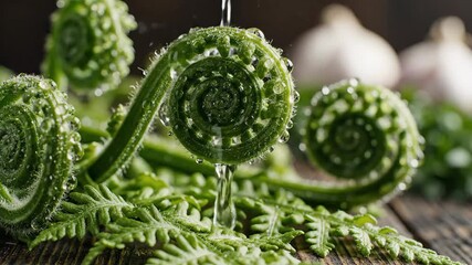 Closeup view of fresh green fiddlehead ferns with glistening water droplets showcasing their unique coiled shape and natural beauty ready for culinary preparation and healthy eating.