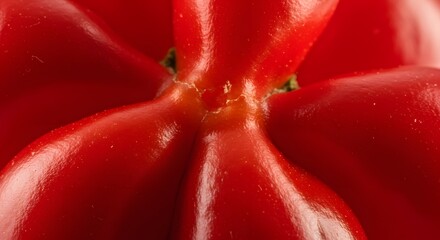 A detailed closeup shot of a vibrant red bell pepper capturing its smooth texture and the intricate details around the stem