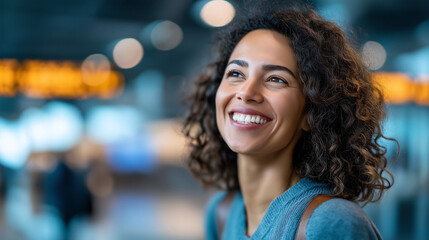 Obraz premium Faceless smiling woman with curly hair busy airport terminal exuding confidence excitement passenger travel enthusiasm moment aviation facility presence defocused terminal bac