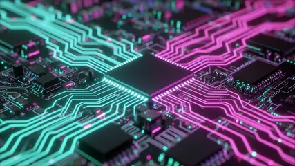 Glowing circuit board with neon lines and central processor chip in vibrant pink teal colors, Futuristic circuit board with AI processor and data networks, Advanced digital technology concept. - Powered by Adobe