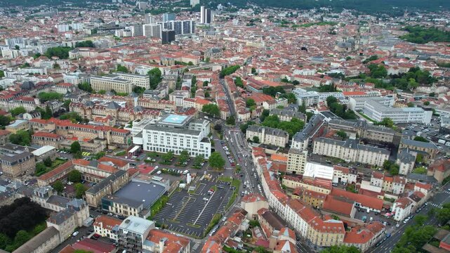 A panorama aerial view of the old town of the city Nancy in France on a  sunny summer noon. 