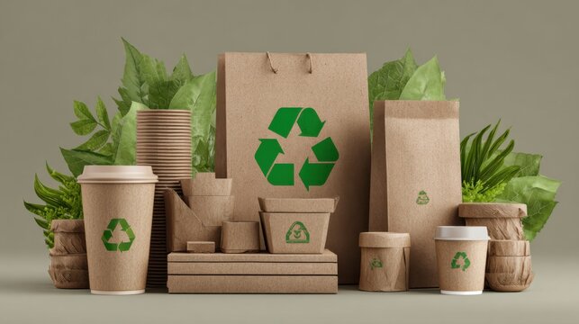 Different types of eco-friendly packaging materials are arranged with green leaves to show sustainability in practices for businesses