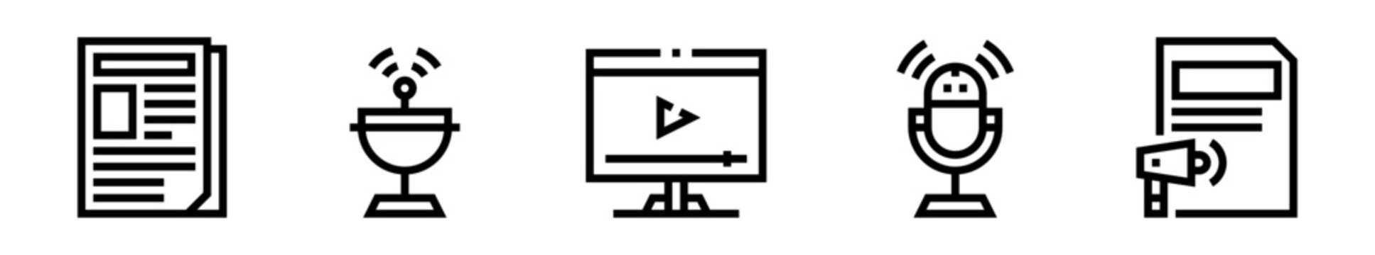 Pack de iconos de medios de comunicaci&oacute;n. peri&oacute;dico, transmisi&oacute;n radial, contenido digital, podcast informativo y difusi&oacute;n de noticias. Dise&ntilde;o vectorial lineal