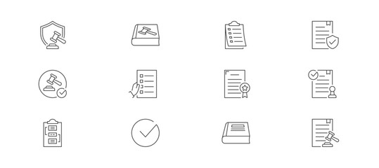 Law And Compliance icon set containing law, code of conduct, rules, policy, compliance, requirement, license, conform, procedures, verify, guideline, regulation vector icons