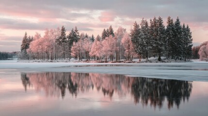 Winter landscape with trees and reflections on a frozen lake during sunset in a forest area