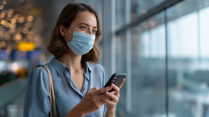 Faceless young woman wearing protective mask waiting airport looking smartphone traveling during health crisis pandemic aviation experience safety protocol moment defocused