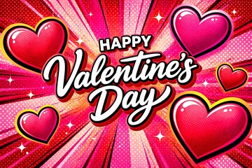 Happy Valentine's Day Comic Pop Art Style Graphic with Bright Red Hearts on Vibrant Pink Halftone Background and Sunburst Rays
