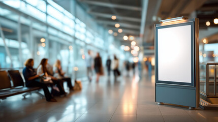Blank advertising billboard in modern airport waiting area with people terminal marketing space advertising display opportunity commercial visualization area defocused