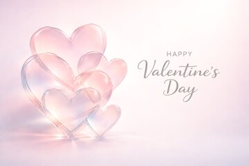Happy Valentine's Day Elegant Card Featuring Translucent Glass Hearts with Pink and Purple Iridescent Refractions