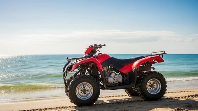 Red atv on sandy beach with ocean waves under clear blue sky at sunset
