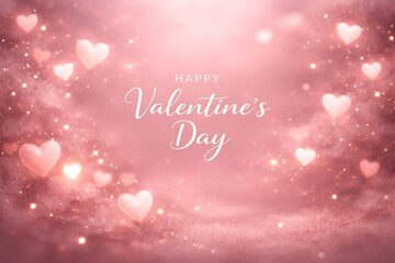 Happy Valentine's Day Sparkling Pink Glitter Background with Glowing Heart Bokeh and Magic Dust