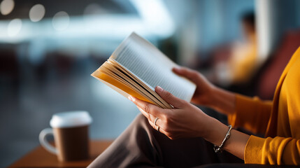Faceless thoughtful woman hands reading book airport terminal environment passenger leisure activity travel downtime moment aviation facility relaxation defocused lounge
