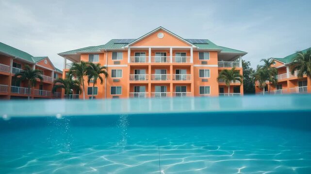 Over under view of a vibrant tropical resort building with green roofs and solar panels. Clear blue swimming pool water shows sunlight patterns on the bottom