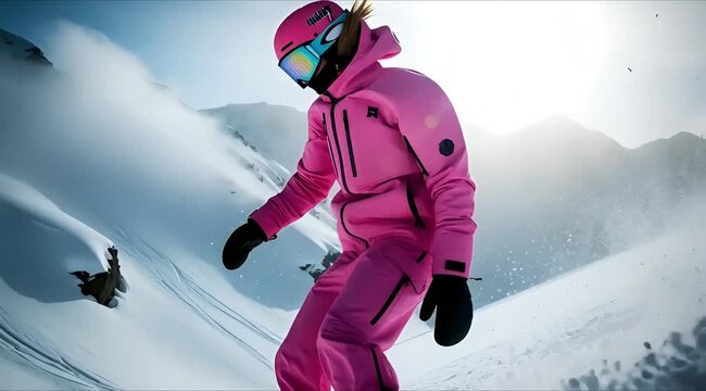 snow winter sports concept Female snowboarder in pink gear jumps against bright mountain sky