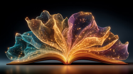 Glowing open book with abstract golden light, representing learning, imagination and the transformative power of knowledge. Surreal concept illustration for education and inspiration.