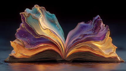 Abstract representation of an open book with fluid multicolored pages glowing with internal light and golden sparks on a dark background.