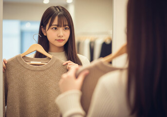 鏡の前でニットを合わせショッピングを楽しむ自然体の女性