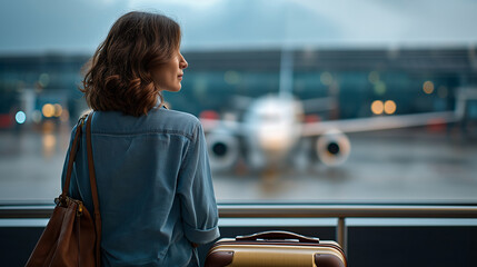 Faceless young woman at airport window suitcase waiting for plane departure anticipation moment travel preparation scene passenger terminal presence defocused aircraft view