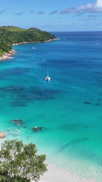 Anse Lazio Beach In Praslin Island Victoria Seychelles. Aerial View Of Stunning Beach With Crystal Clear Waters. Deserted Landscape Season Beauty. Deserted Summertime. Praslin Island Victoria.