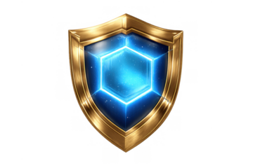 Golden shield with glowing blue crystal, representing protection, security, and digital defense for gaming or apps