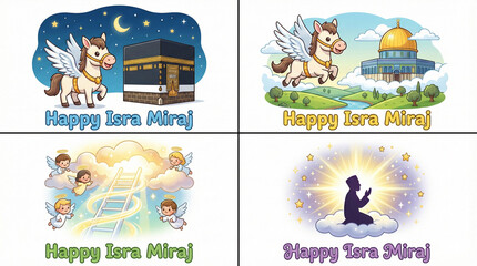 Obraz premium Vibrant Isra Miraj illustrations with winged horse and angels