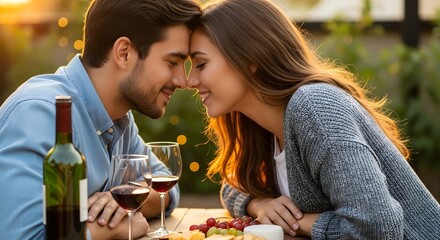 Valentine's Day A romantic couple sharing a moment of intimacy with wine and snacks on a date