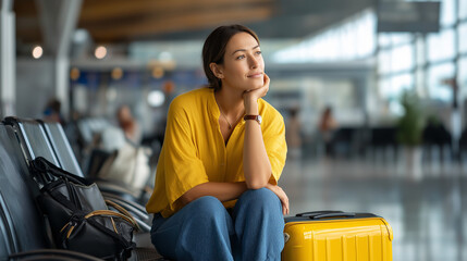 Faceless young cheerful woman sitting airport waiting area departures suitcase summer travel concept moment passenger anticipation scene vacation preparation display