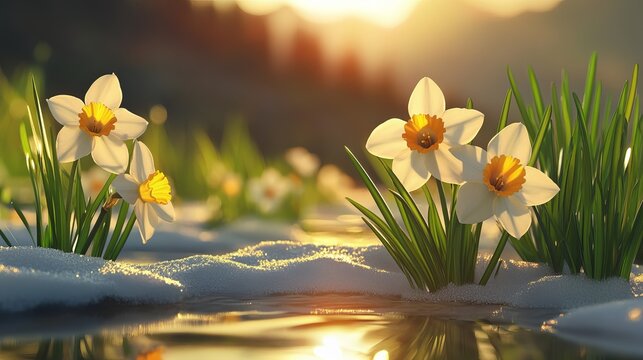 Beautiful white daffodils blooming through melting snow in spring
