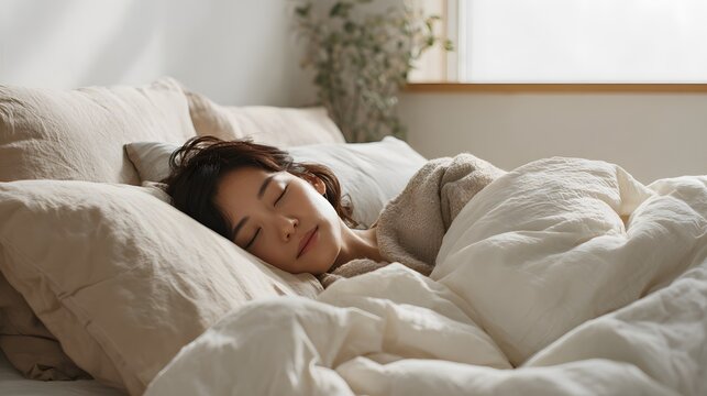 Woman Sleeping Peacefully in Sunlit Bedroom / 日当たりの良い寝室で安らかに眠る女性
