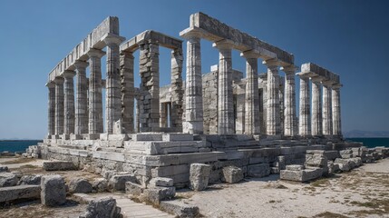 Fototapeta premium Ancient Greek temple ruins by the sea on a sunny day
