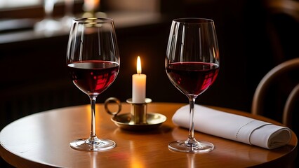 Naklejka premium Romantic dinner setup with wine glasses and candlelight