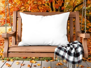 Cozy autumn swing with pillow and blanket