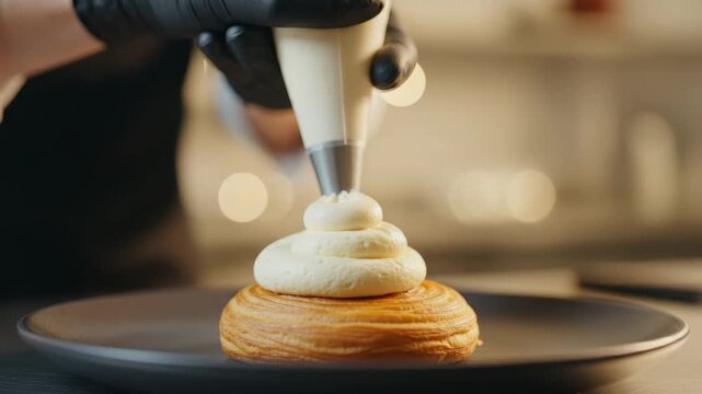 A pastry chef's gloved hand meticulously pipes creamy white frosting onto a golden brown cruffin. This delicious sweet dessert is expertly prepared on a dark plate for culinary content