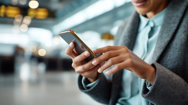 Faceless young traveler hands using smartphone waiting for flight airport passenger digital activity terminal technology usage travel downtime moment defocused lounge