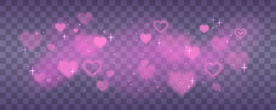 Pink heart soft overlay background with bokeh effect and glitter sparkles. Romantic love refraction light flare for Valentine's Day vector design