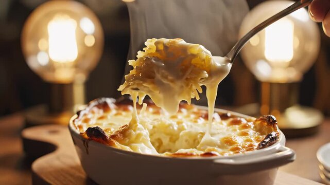 
Gratin Dauphinois: creamy potato gratin in a small baking dish, deeply golden top with caramelized edges, spoon mark revealing silky interior
