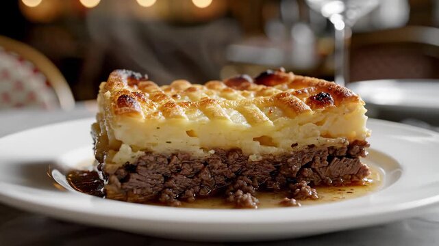 
Hachis Parmentier:  layered beef and potato gratin with a browned, ridged top, one clean square lifted to show layers